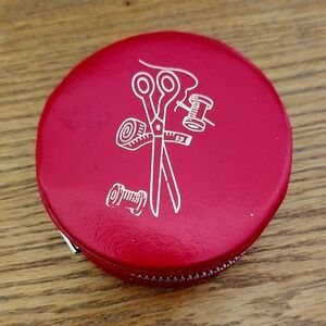 Vintage 60s Travel Sewing Kit Red Case Gold Scissor Orange Plastic Thimble